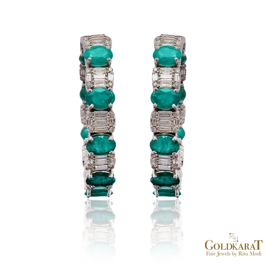 Diamond baguette Emerald Hoop Earrings - GOLDKARAT