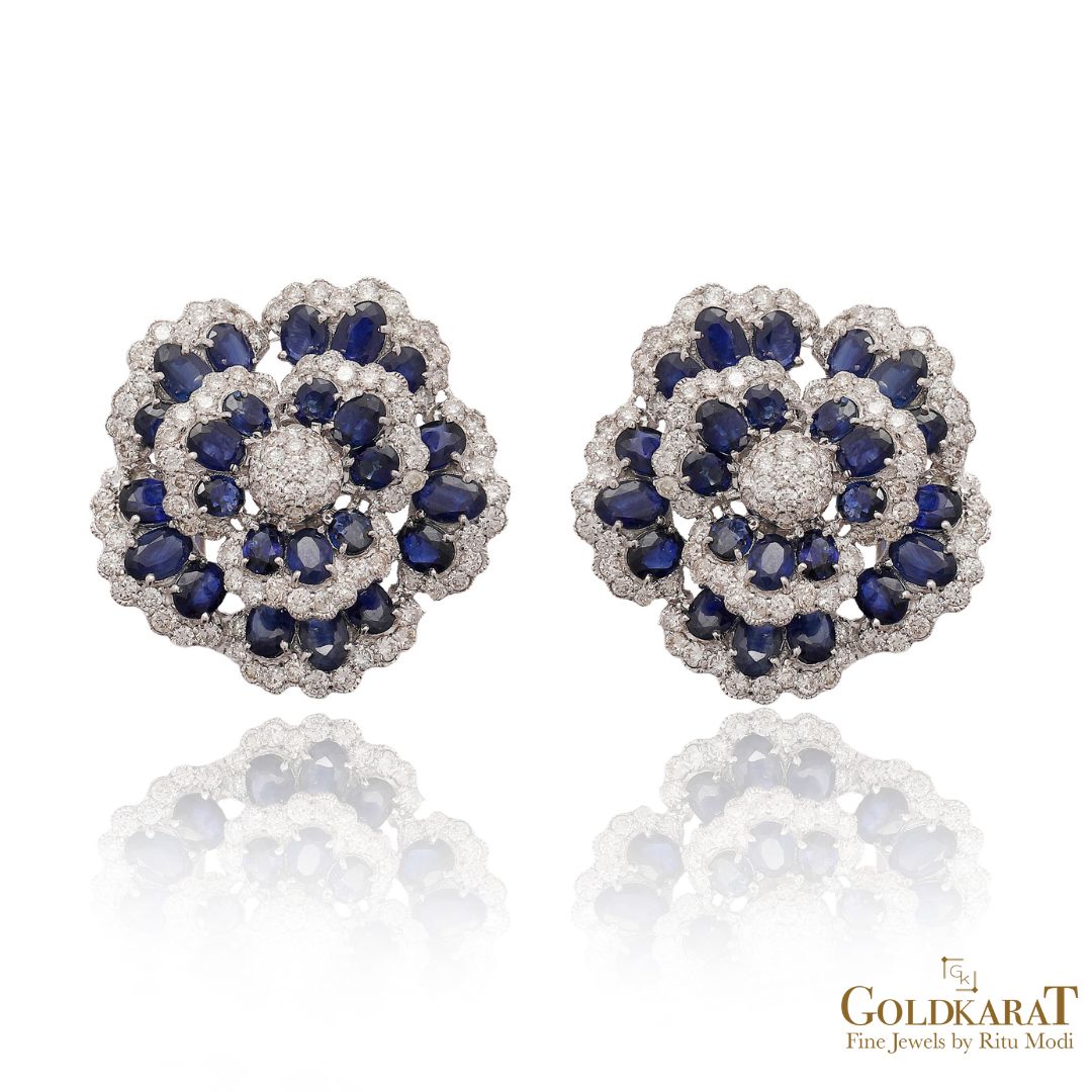 Diamond Blue Sapphire Rose Stud Earrings - GOLDKARAT