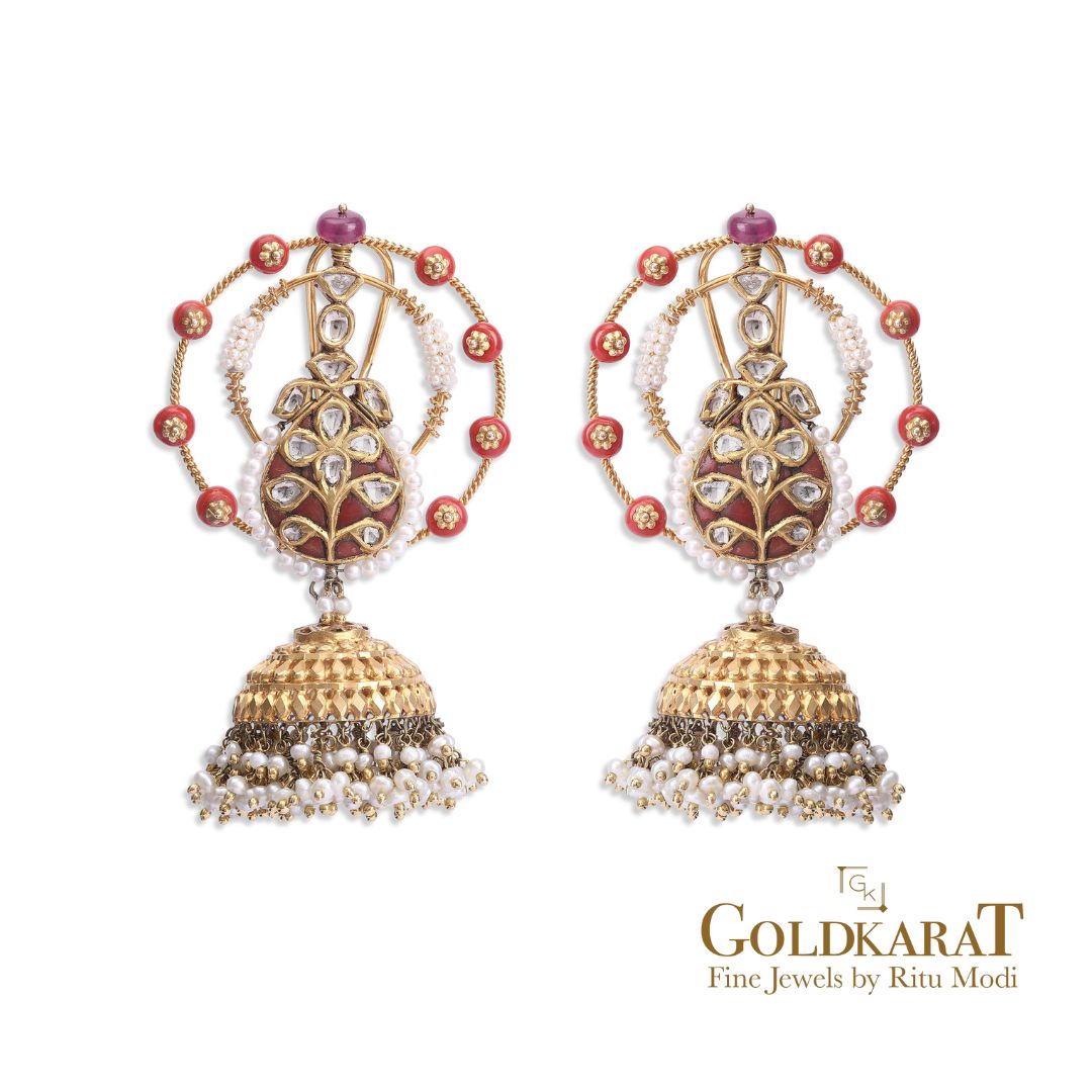 Tanjore polki jhumki Earrings - GOLDKARAT