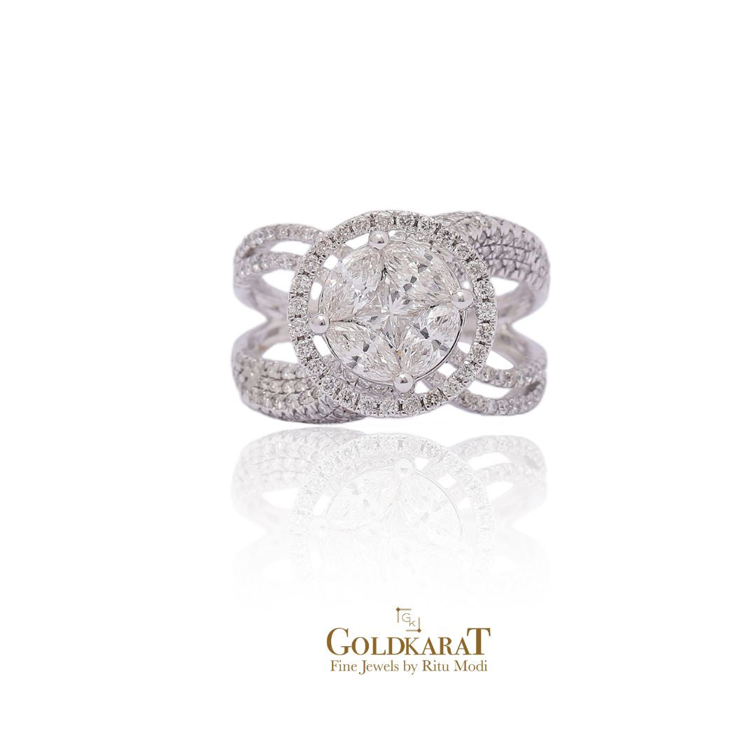 Diamond Halo Cross Band Ring - GOLDKARAT