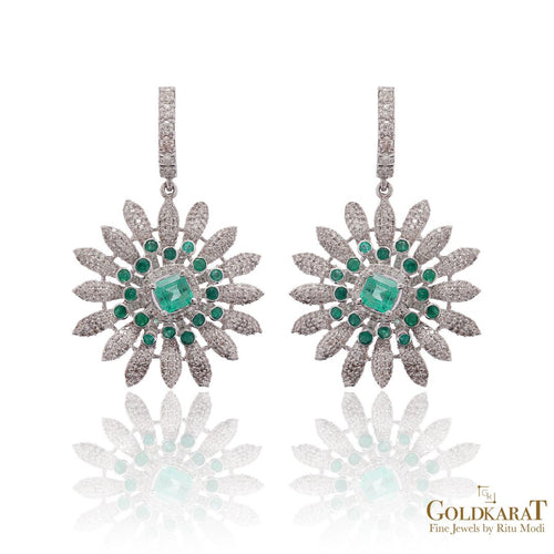 Diamond Emerald Sunburst Hanging Earrings - GOLDKARAT