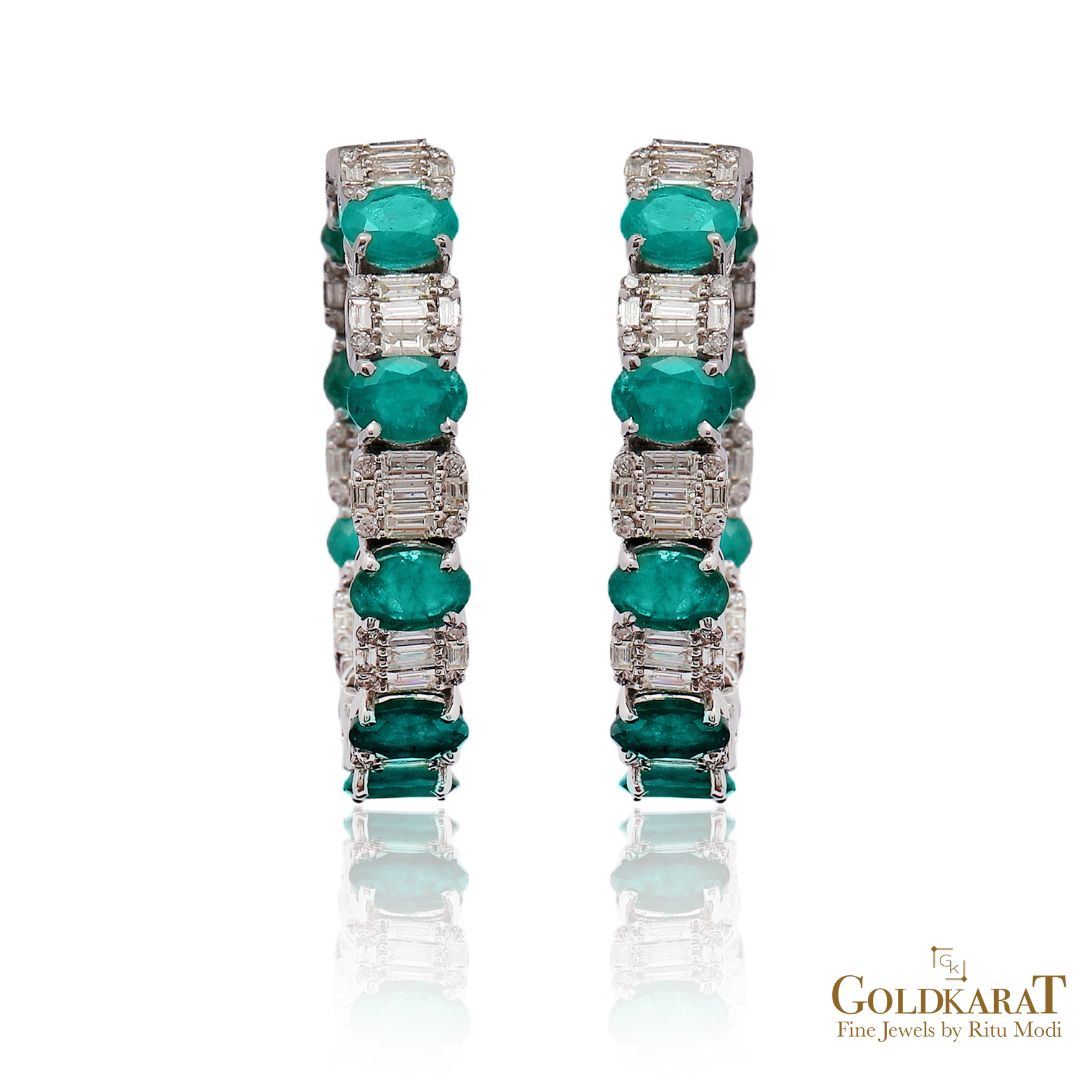 Diamond baguette Emerald Hoop Earrings - GOLDKARAT